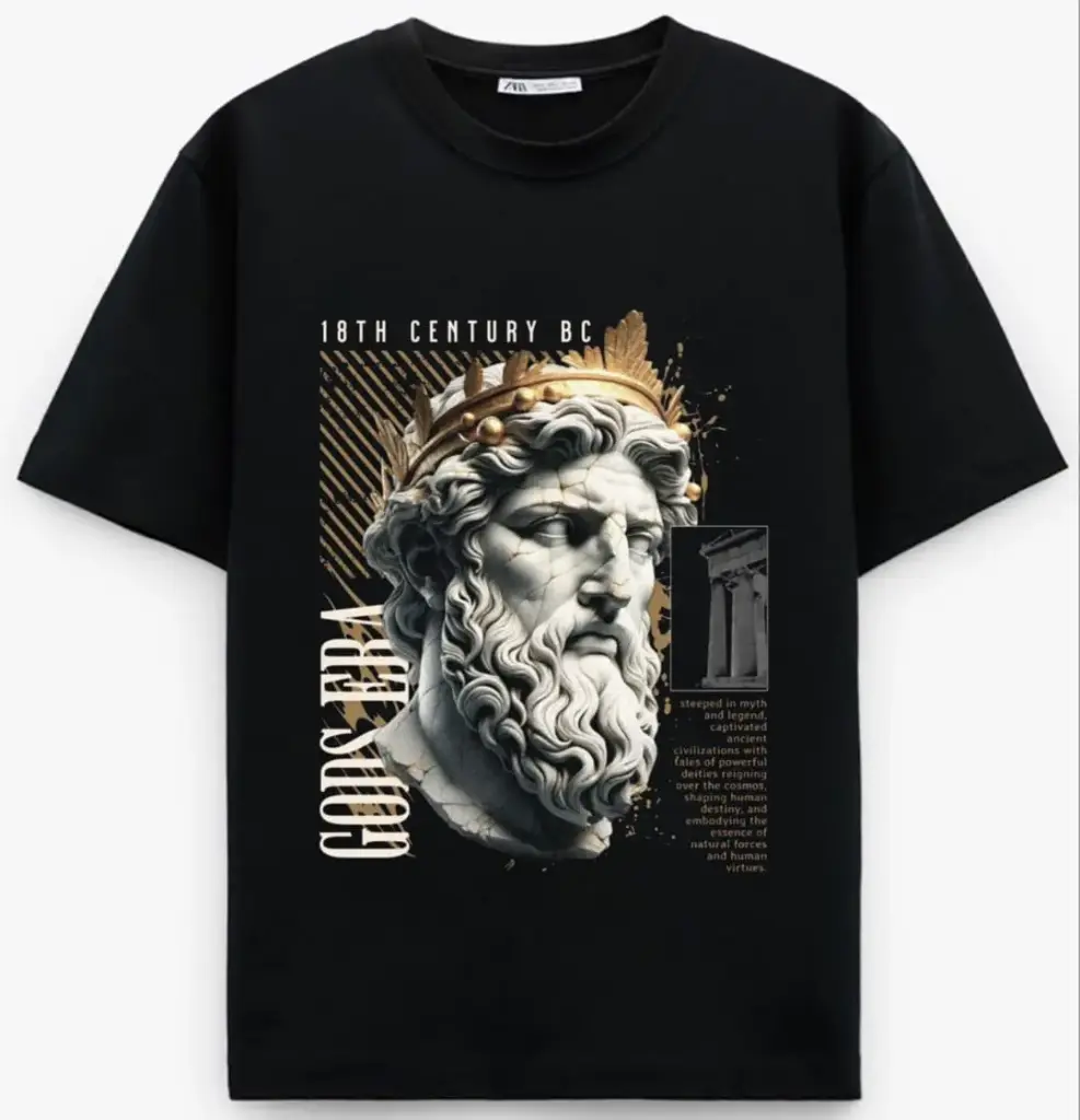 Black t-shirt with design of 18 th century GODS ERA